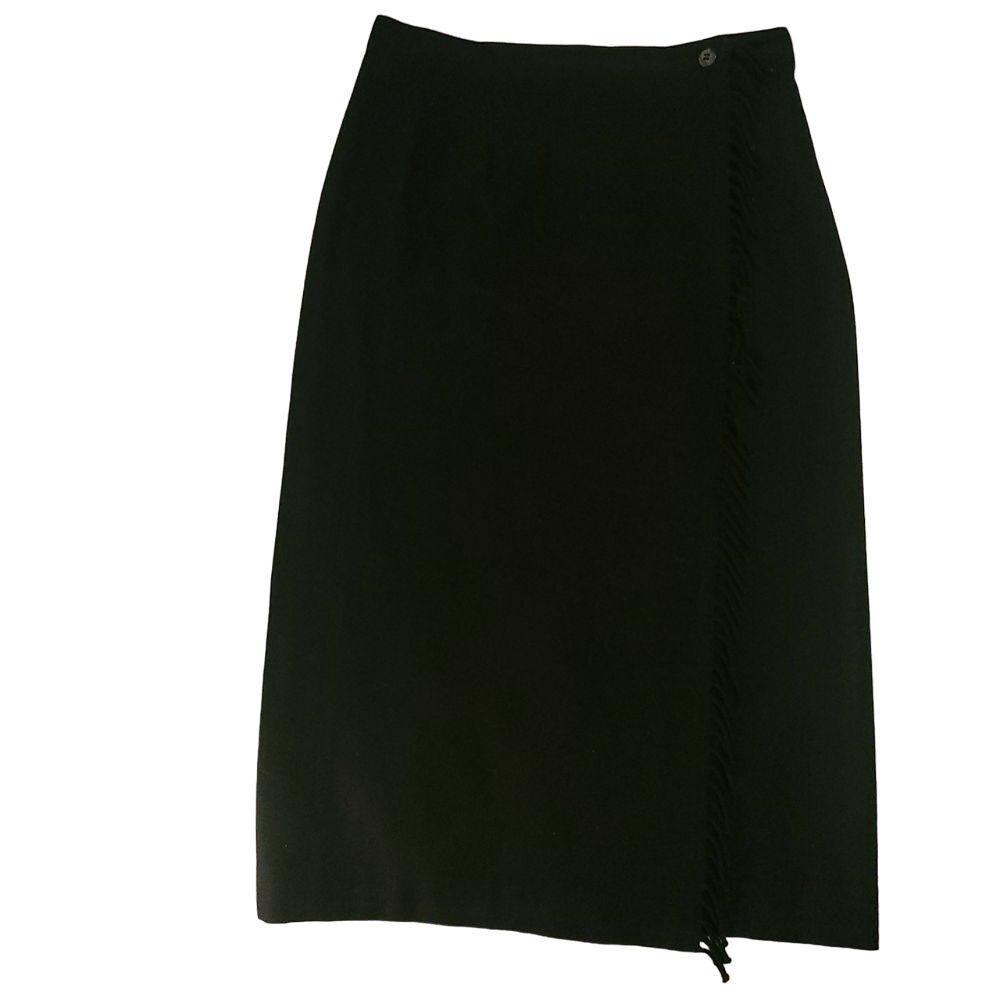 Lizwear Black Wool Fringe Wrap Midi Skirt 8 Solid Professional Chic Classic Vtg